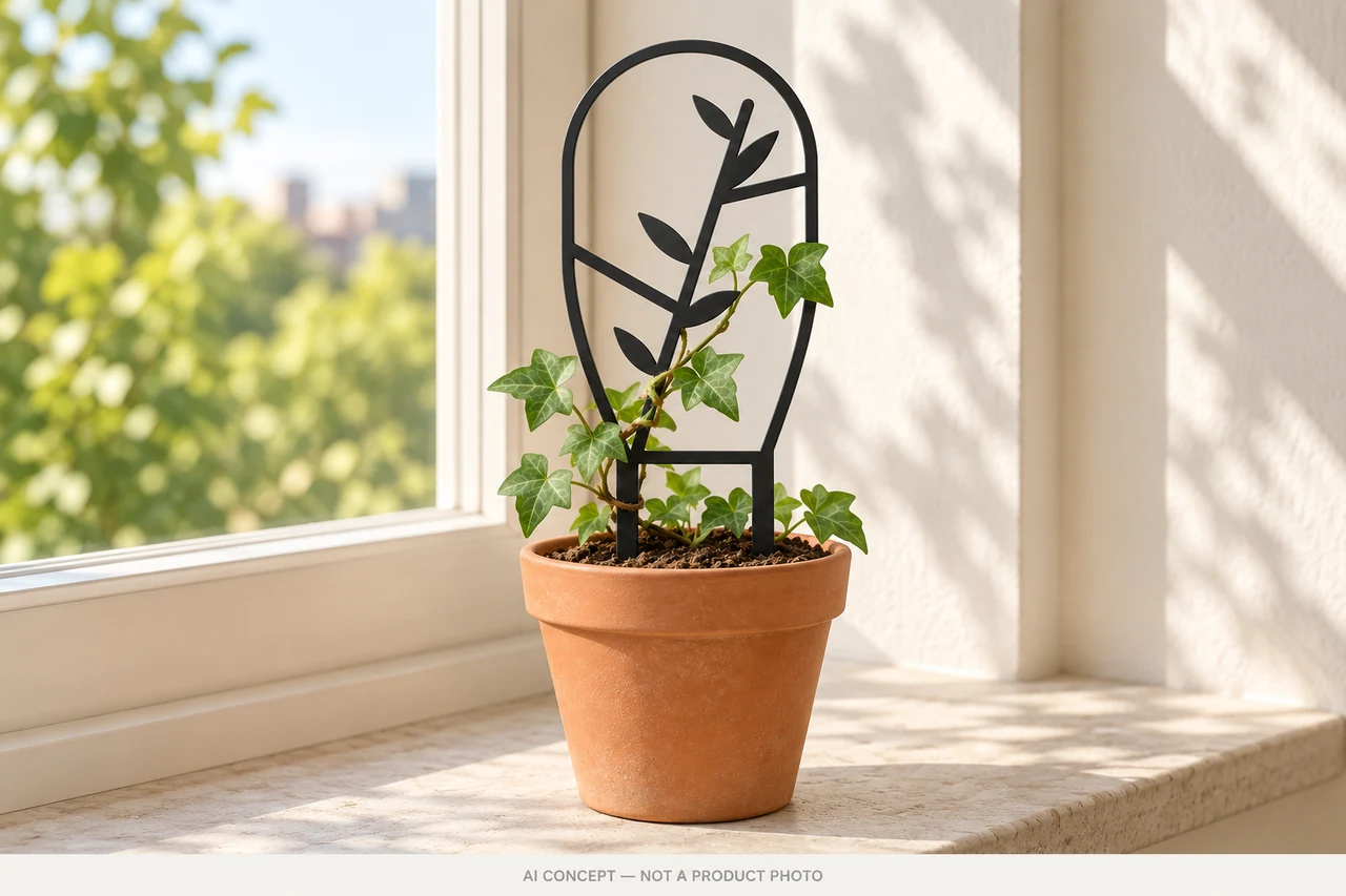 Product visualisation of the trellis in a pot of young ivy