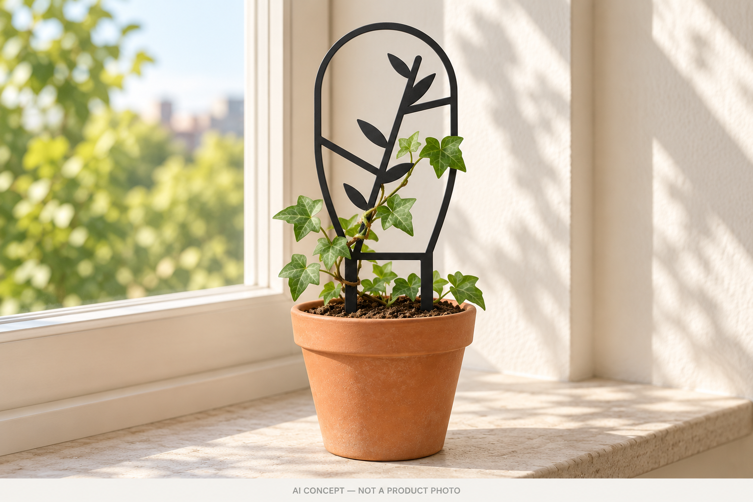Design preview of a botanical metal trellis with young ivy in a terracotta pot on a bright windowsill