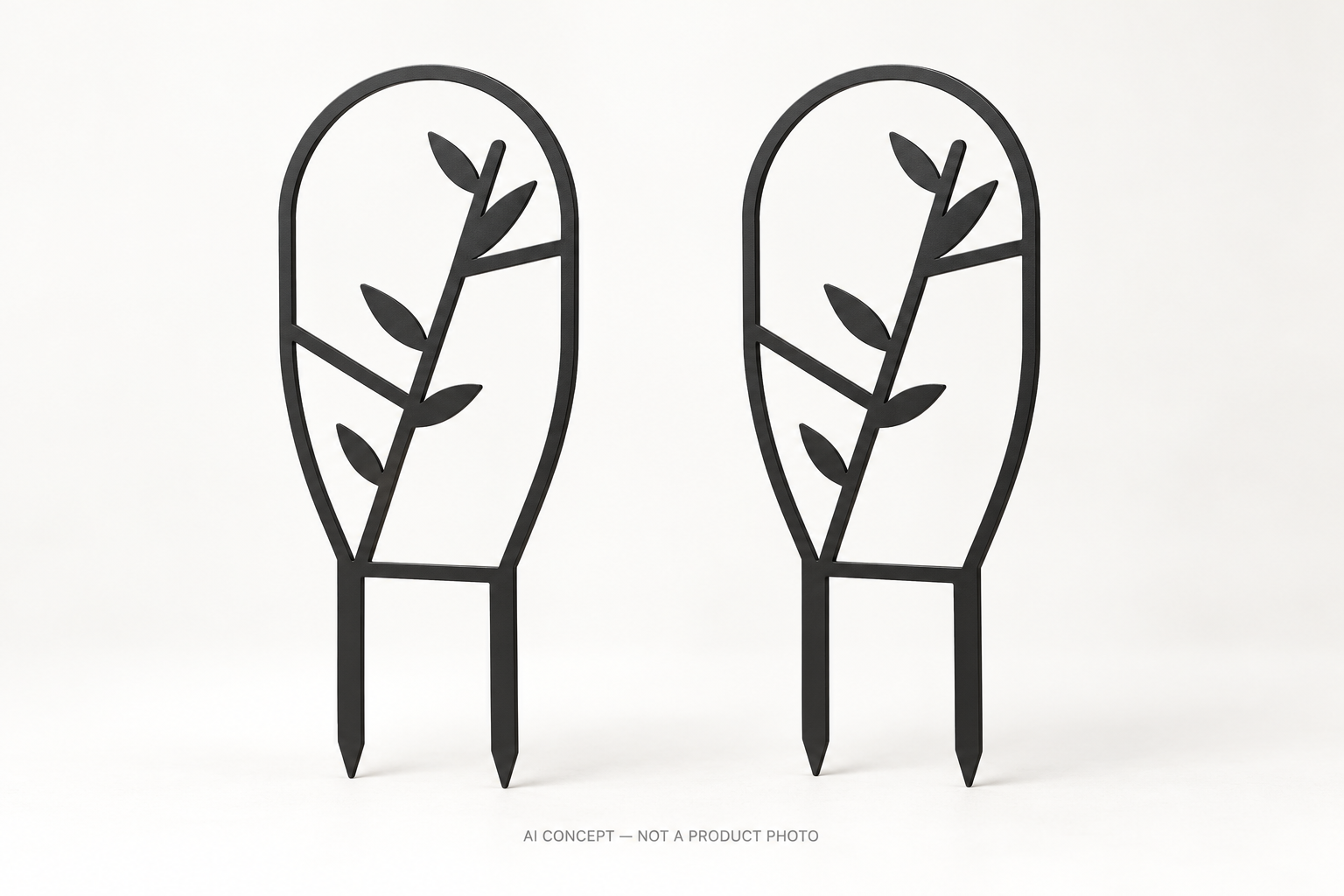 Design preview of two black leaf-pattern trellises, with two soil-insertion feet on each piece