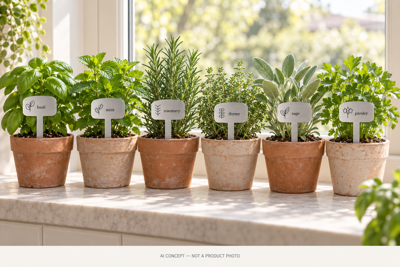 Design preview of six herb markers with matching potted herbs on a sunny windowsill; plants and pots are display props