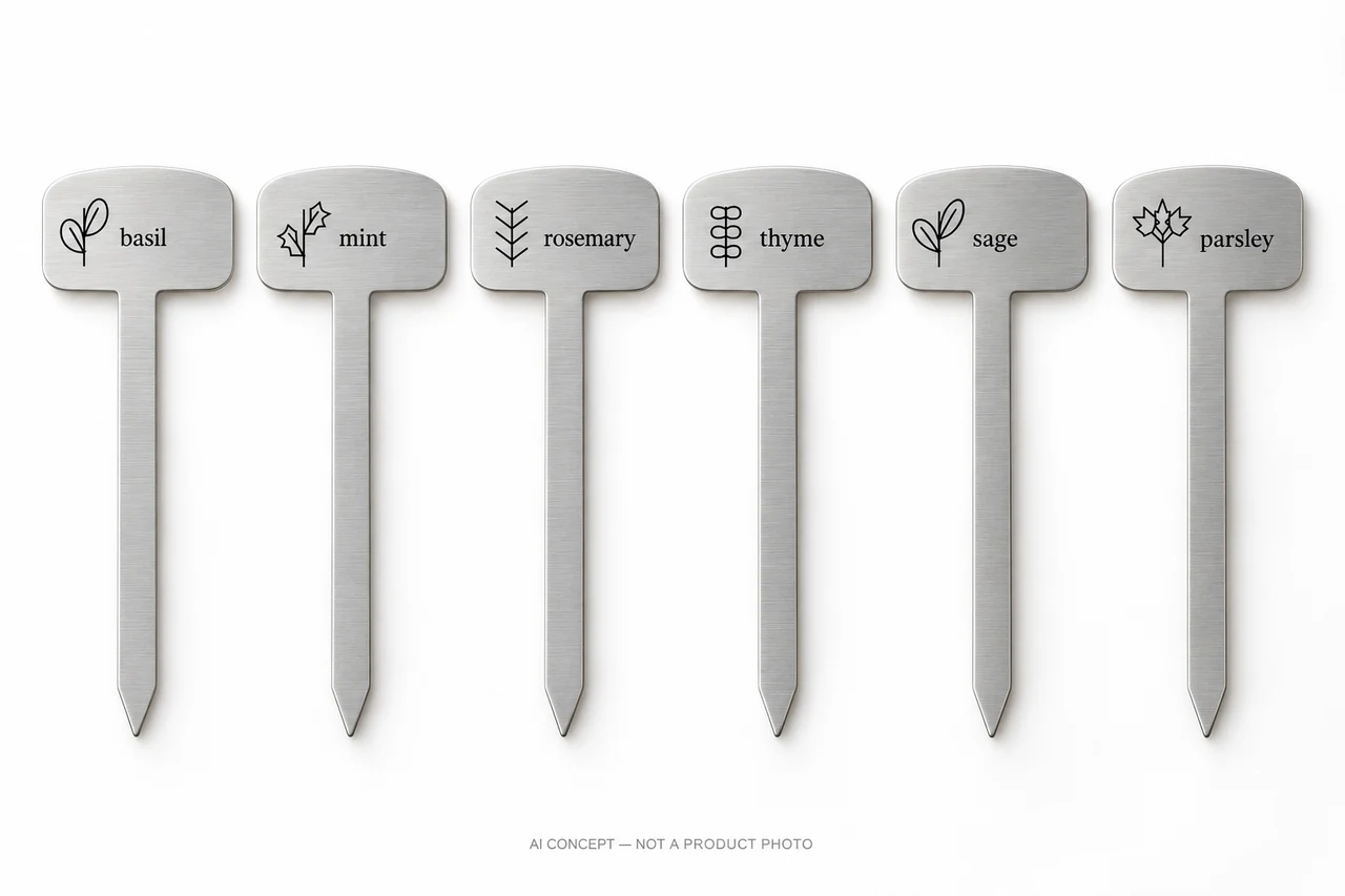 Product visualisation of six herb markers with surface-marked botanical icons and names