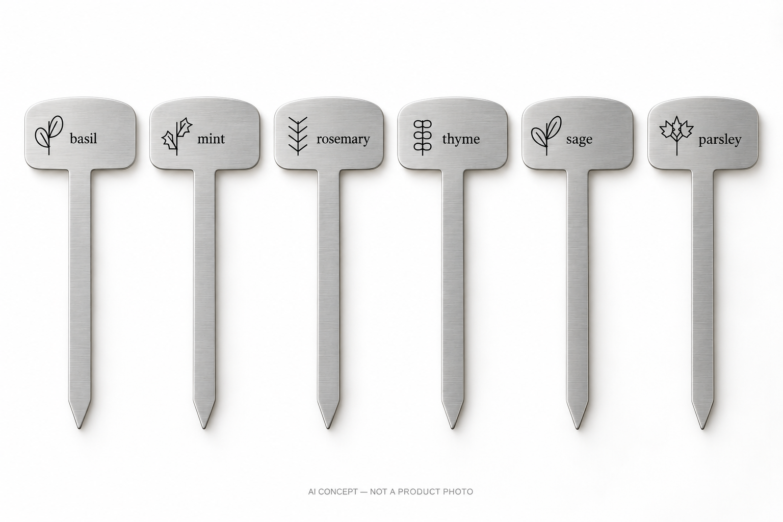 Design preview of six metal herb markers labelled basil, mint, rosemary, thyme, sage and parsley, with black surface graphics