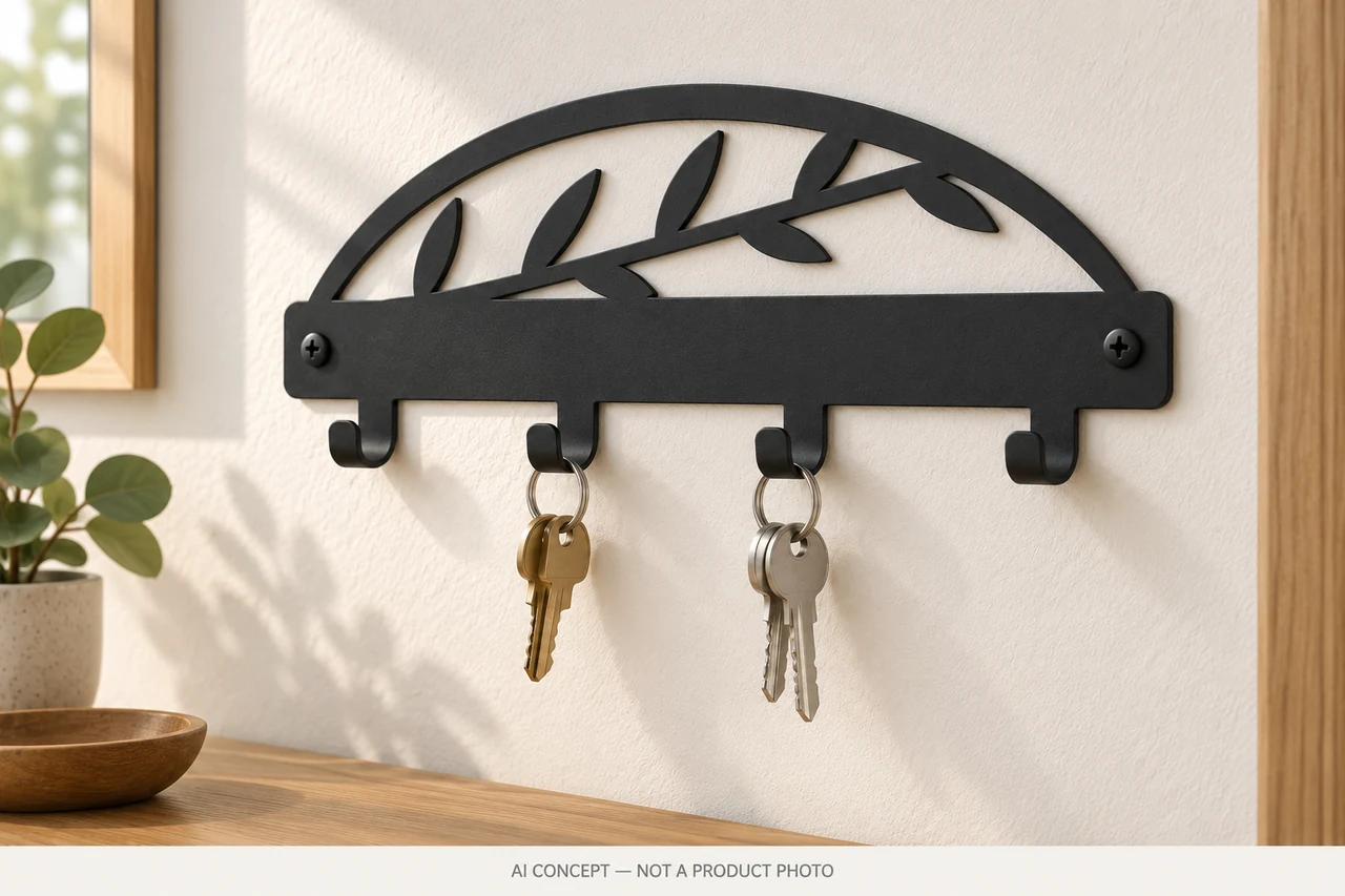 Product visualisation of the four-hook rack on a wall with two lightweight keyrings