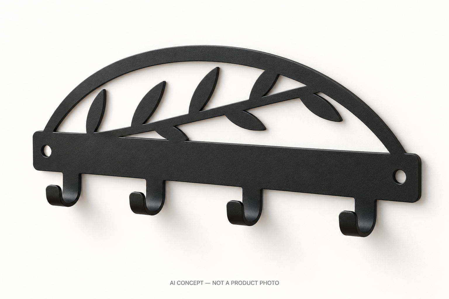 Design preview of a black botanical key rack with four integral bent hooks and two mounting holes